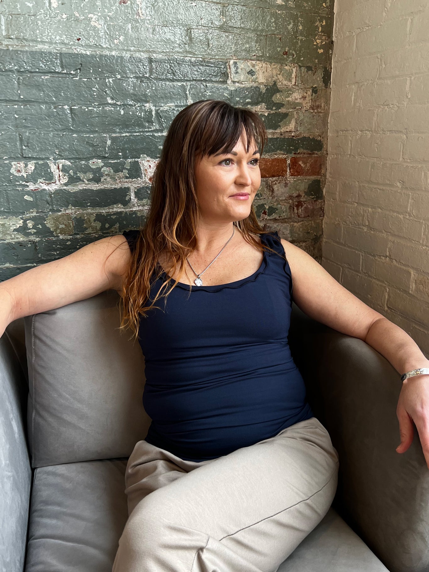 suger® jogger sweat pant in clay styled with navy wifey