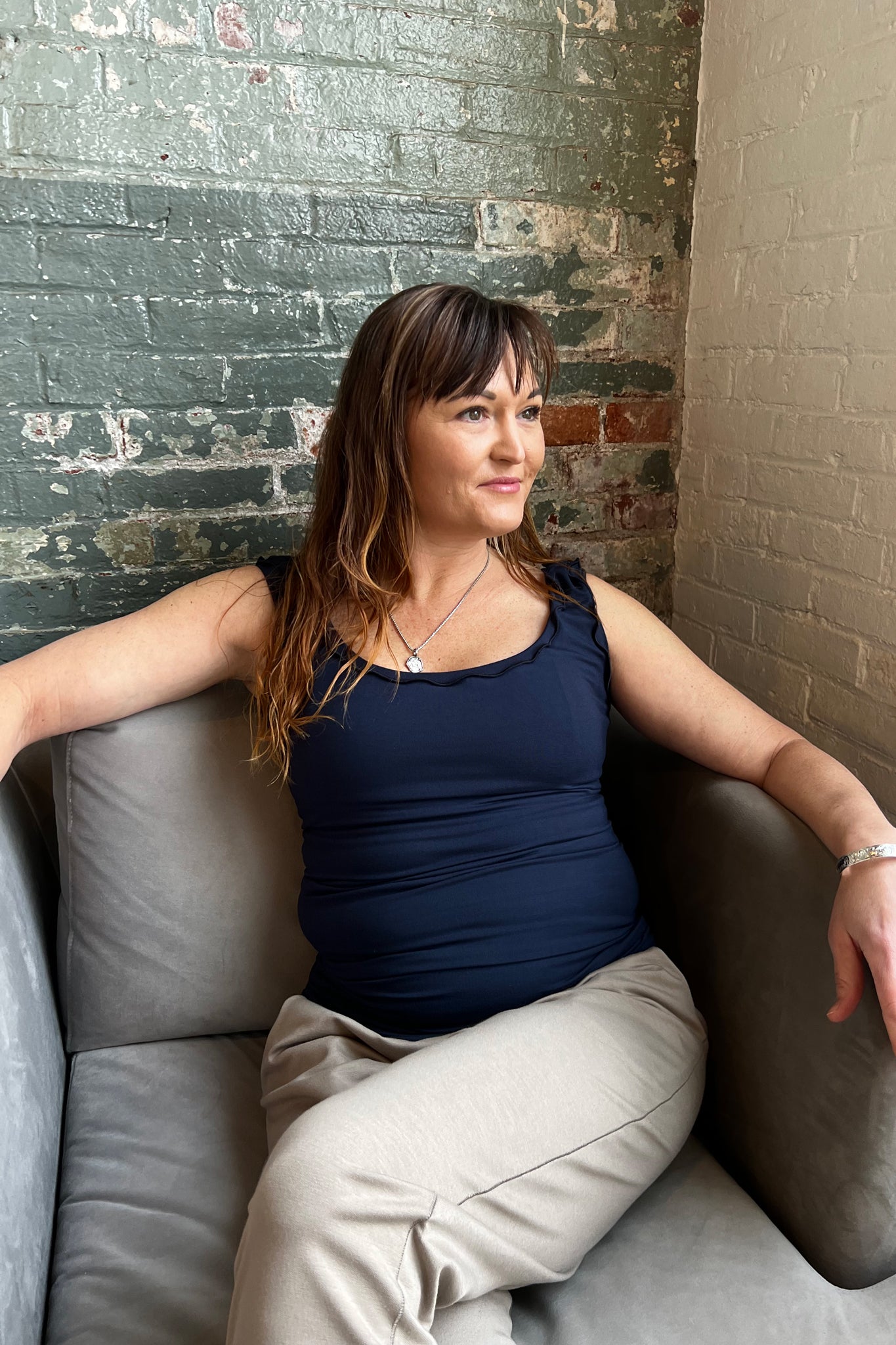 suger® jogger sweat pant in clay styled with navy wifey