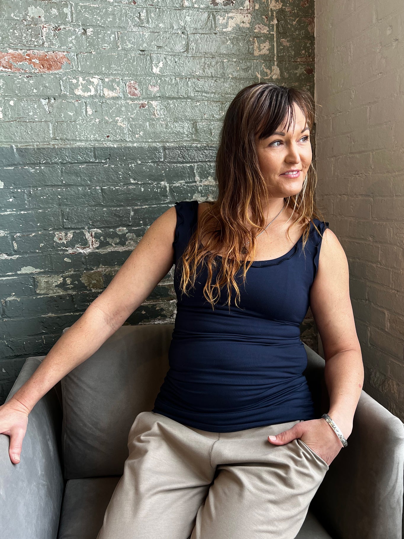 angelrox® wifey tank mini dress in navy styled with clay jogger