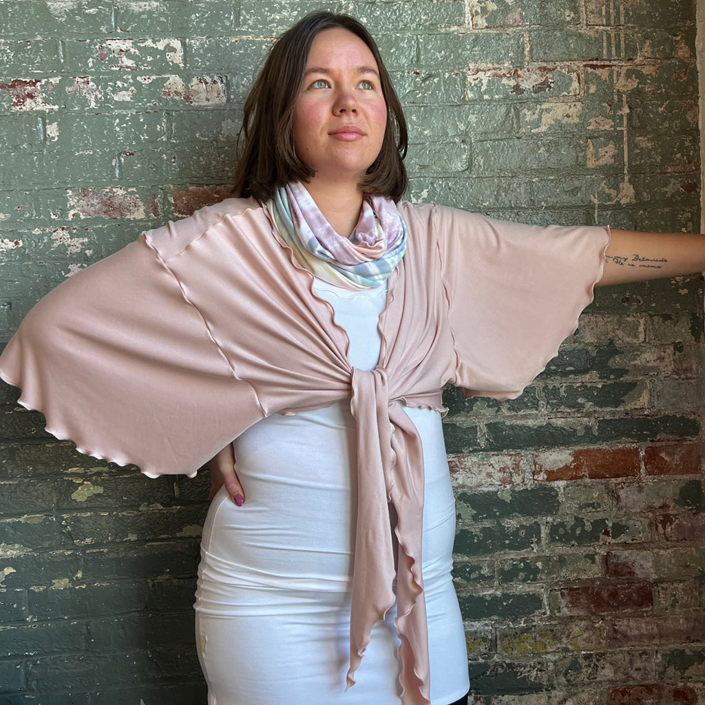 angelrox® flutter jacket in ballet styled over white wifey