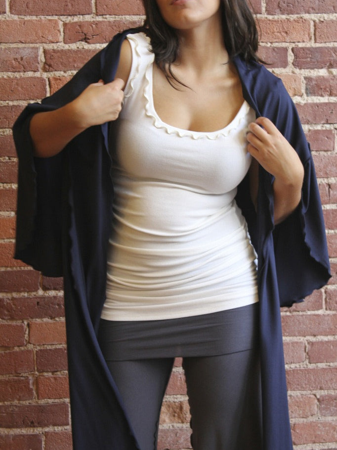 white bamboo wifey with our eggplant wrap + slate swirl suit