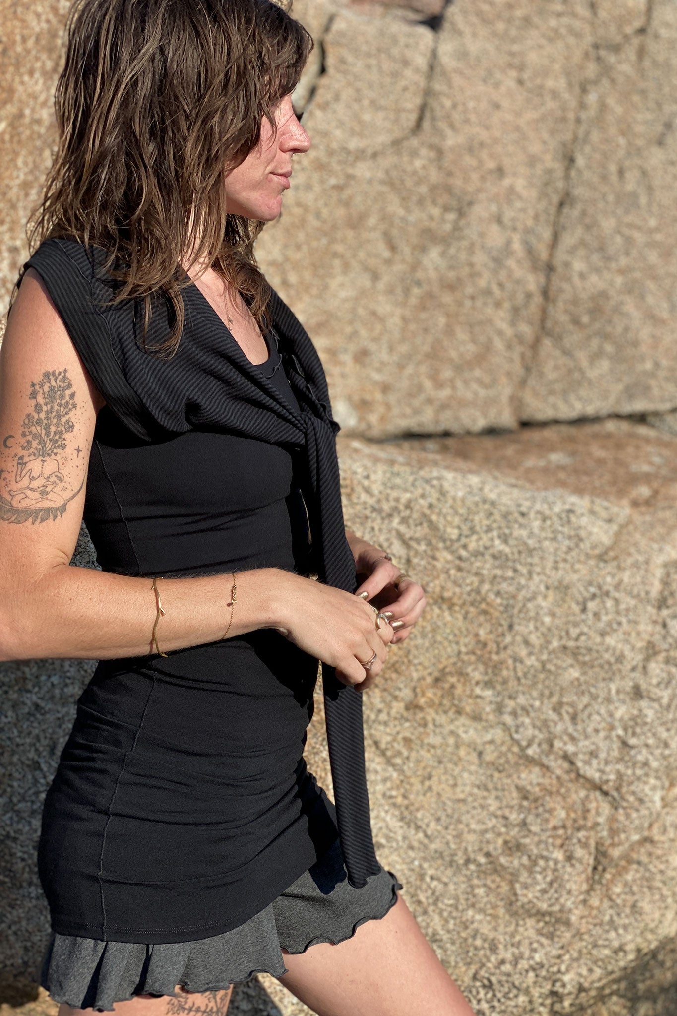 black wifey with our subtle black stripe shrug + charcoal romper