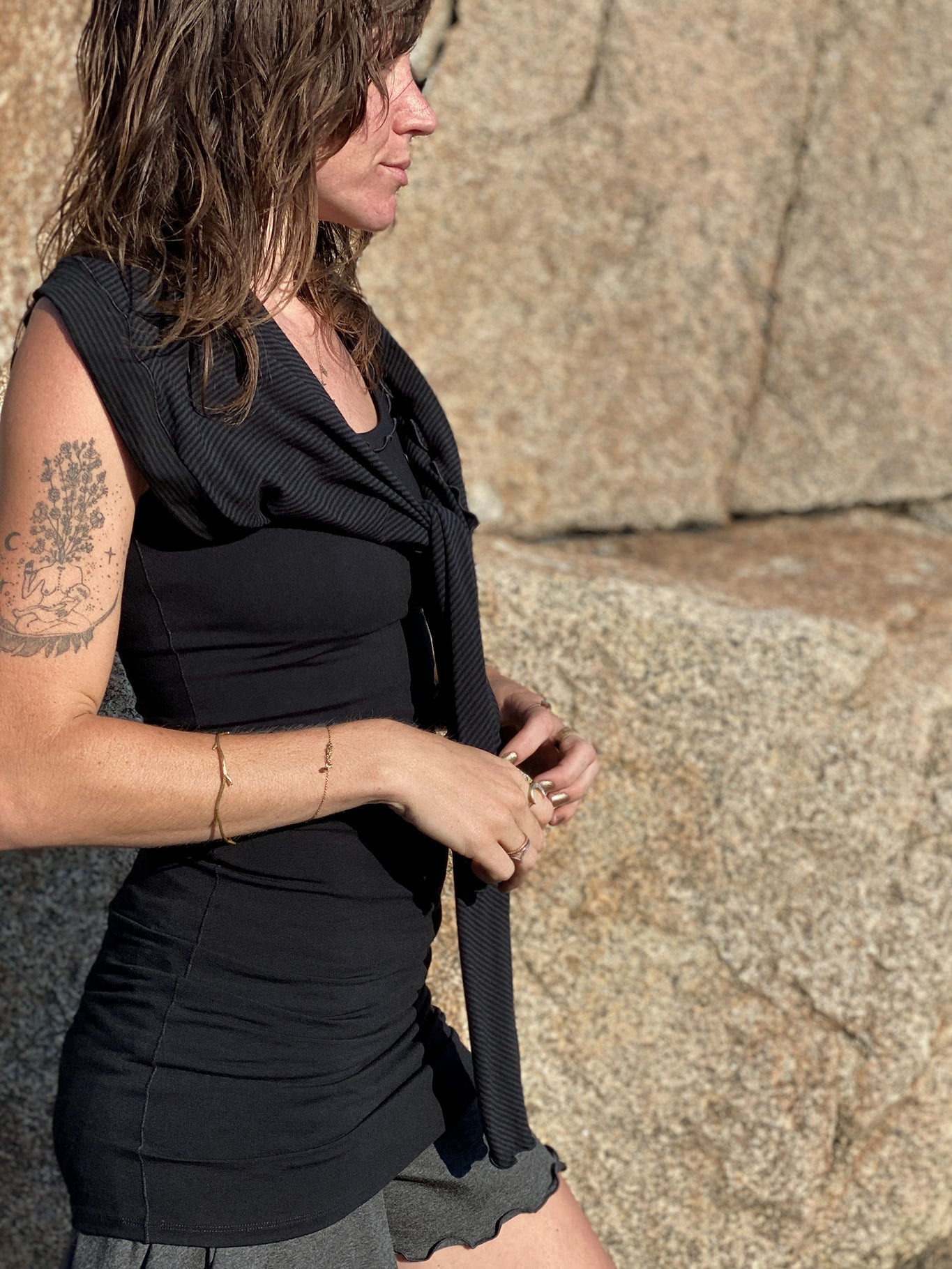 subtle black stripe shrug with our wifey tank + charcoal romper