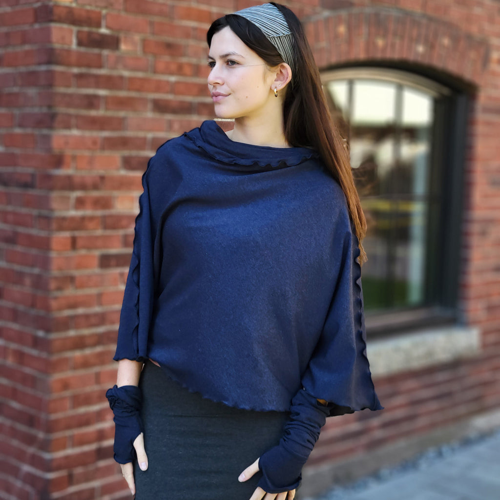 lady flirt in midnight worn as poncho + charcoal hourglass
