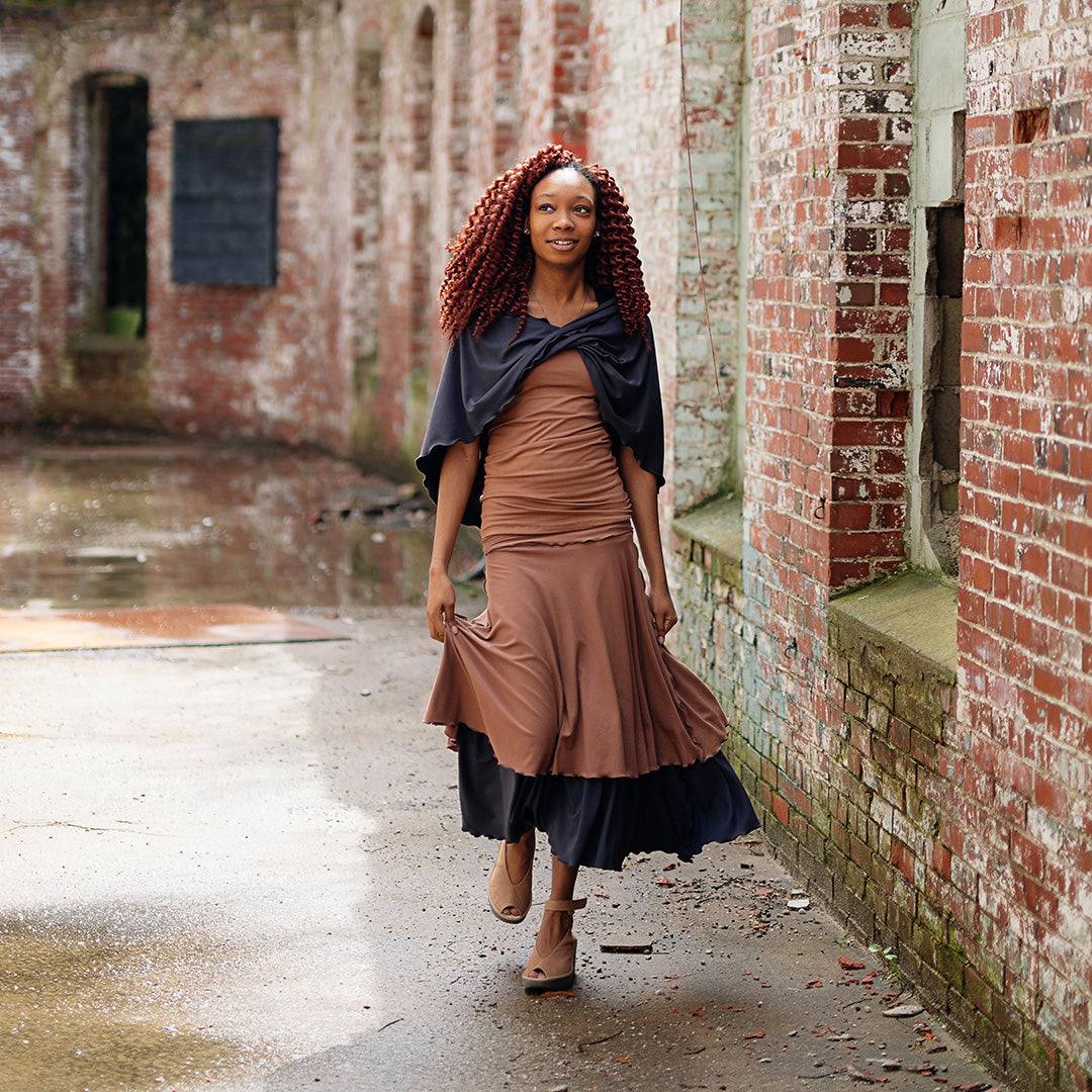 loop in carbon worn as a shawl paired with layered lady flirts in carbon and cedar and core tank in cedar