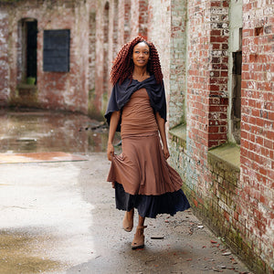 loop in carbon worn as a shawl paired with layered lady flirts in carbon and cedar and core tank in cedar