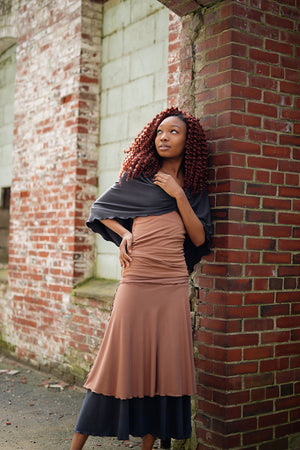 layered lady flirts in carbon and cedar, paired with core tank in cedar and loop in carbon worn as a shawl