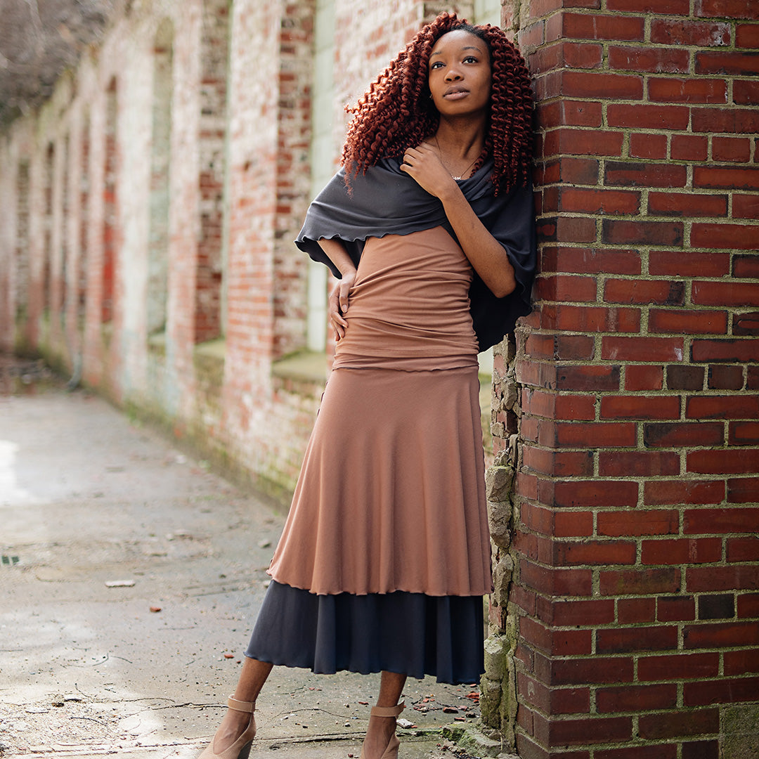 loop in carbon worn as a shawl paired with layered lady flirts in carbon and cedar and core tank in cedar