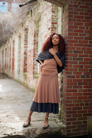 layered lady flirts in carbon and cedar, paired with core tank in cedar and loop in carbon worn as a shawl