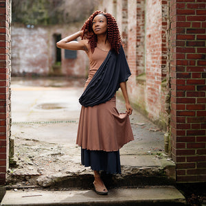 loop in carbon worn as a shawl paired with layered lady flirts in carbon and cedar and core tank in cedar