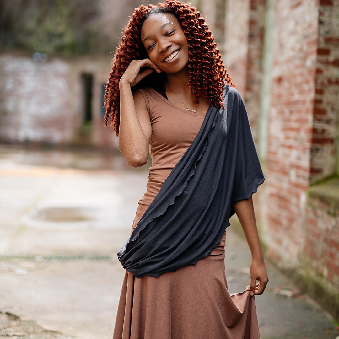 loop in carbon worn as a shawl paired with layered lady flirts in carbon and cedar and core tank in cedar