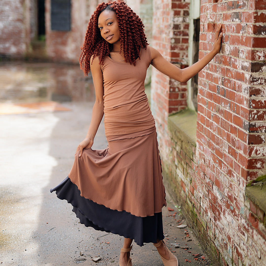 core tank in cedar paired with layered lady flirts in cedar and carbon