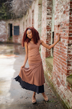 core tank in cedar paired with layered lady flirts in cedar and carbon