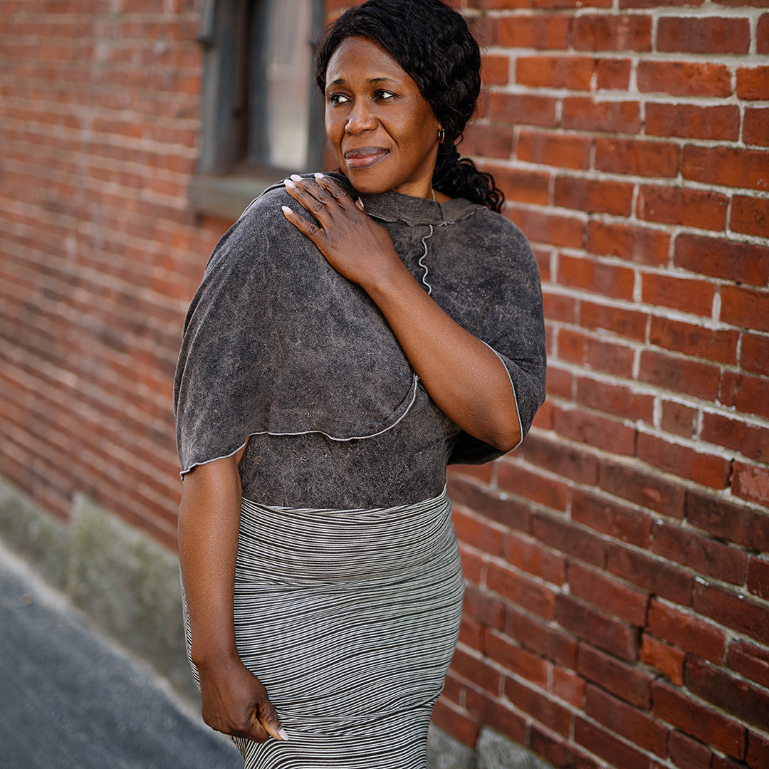 mineral loop infinity scarf styled with earth stripe lady flirt