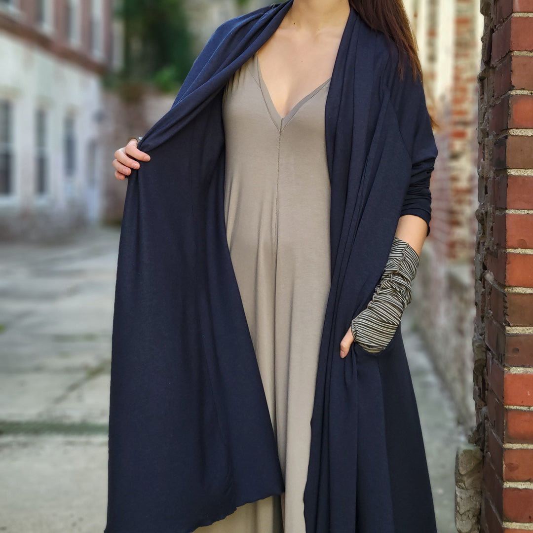 riding coat in midnight heather paired with tissue clay farmer jumpsuit