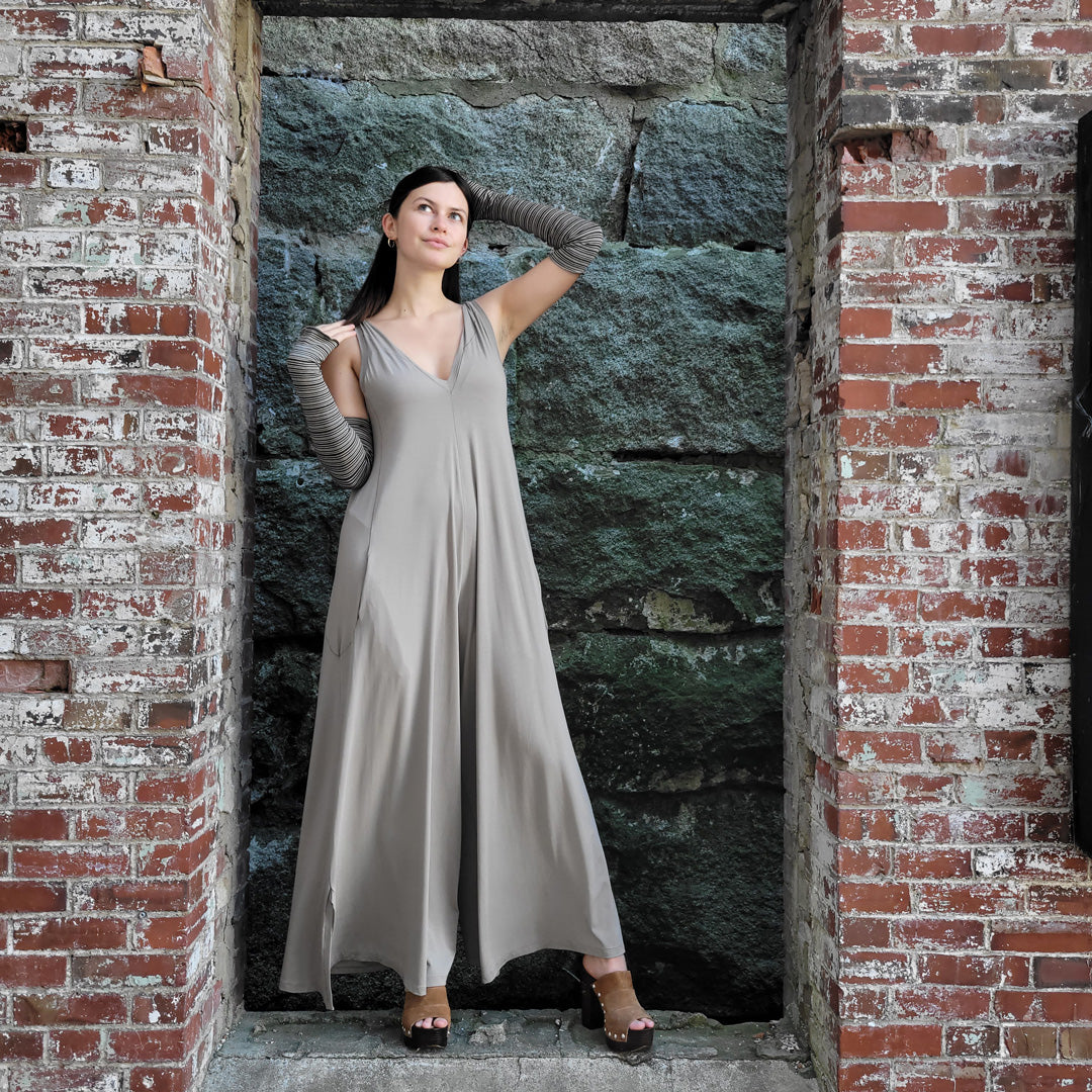 suger® farmer jumpsuit in tissue clay and opera gloves in earth stripe