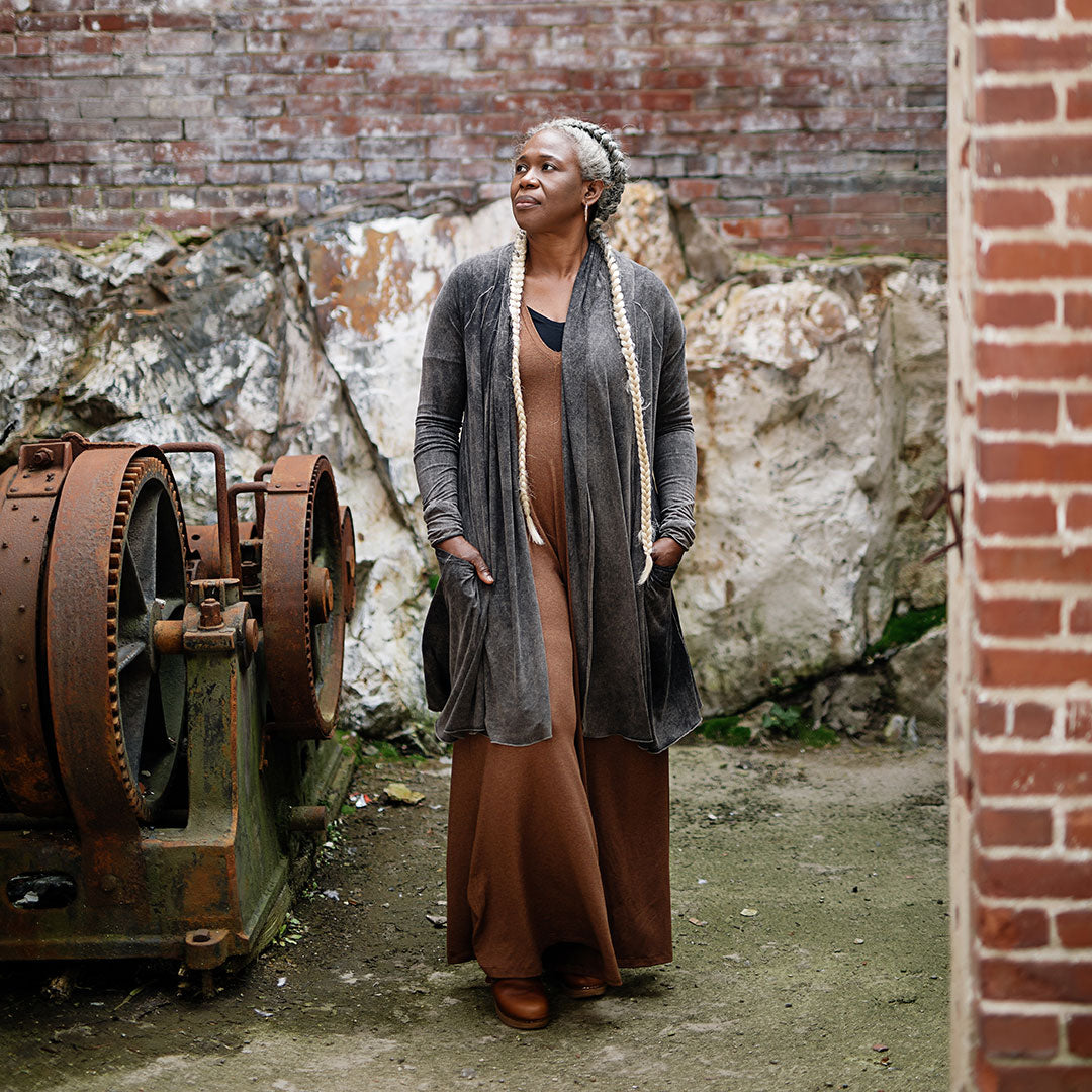 riding coat duster in mineral over the farmer in almond heather