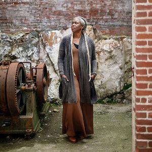 riding coat duster in mineral over the farmer in almond heather