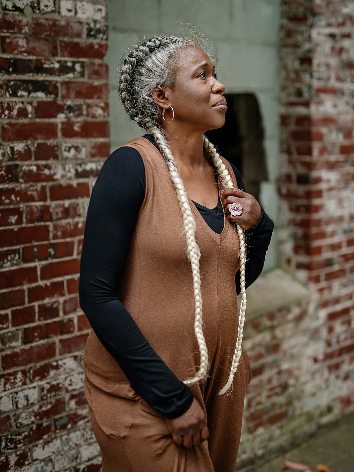 black vneck long sleeve worn under almond heather farmer