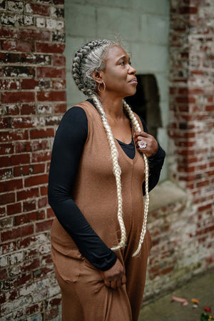 black vneck long sleeve worn under almond heather farmer