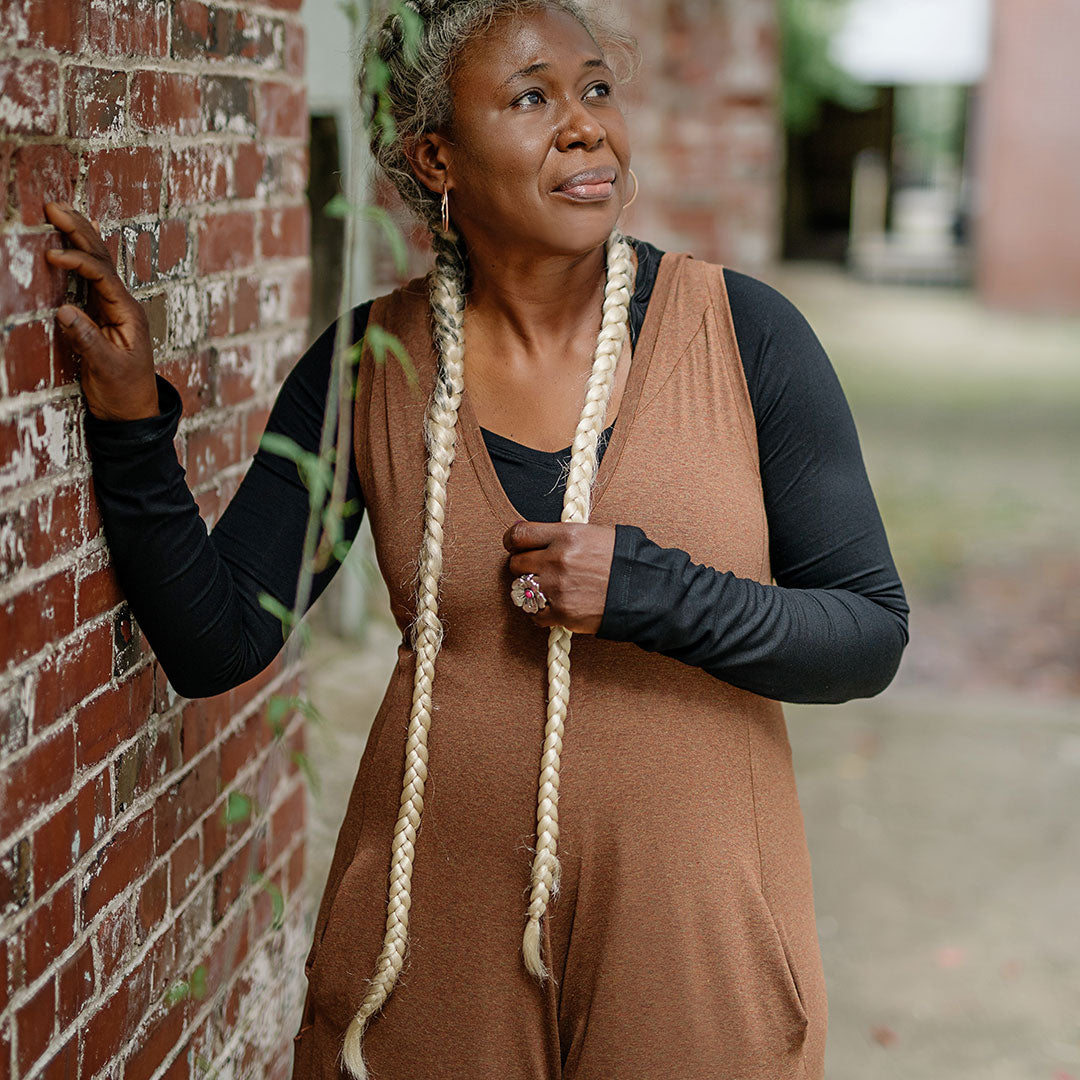 farmer jumpsuit in almond heather + vneck shirt in black