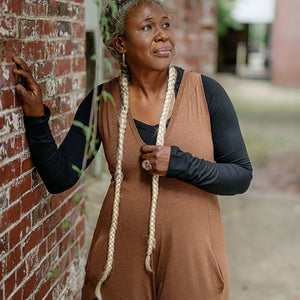 farmer jumpsuit in almond heather + vneck shirt in black