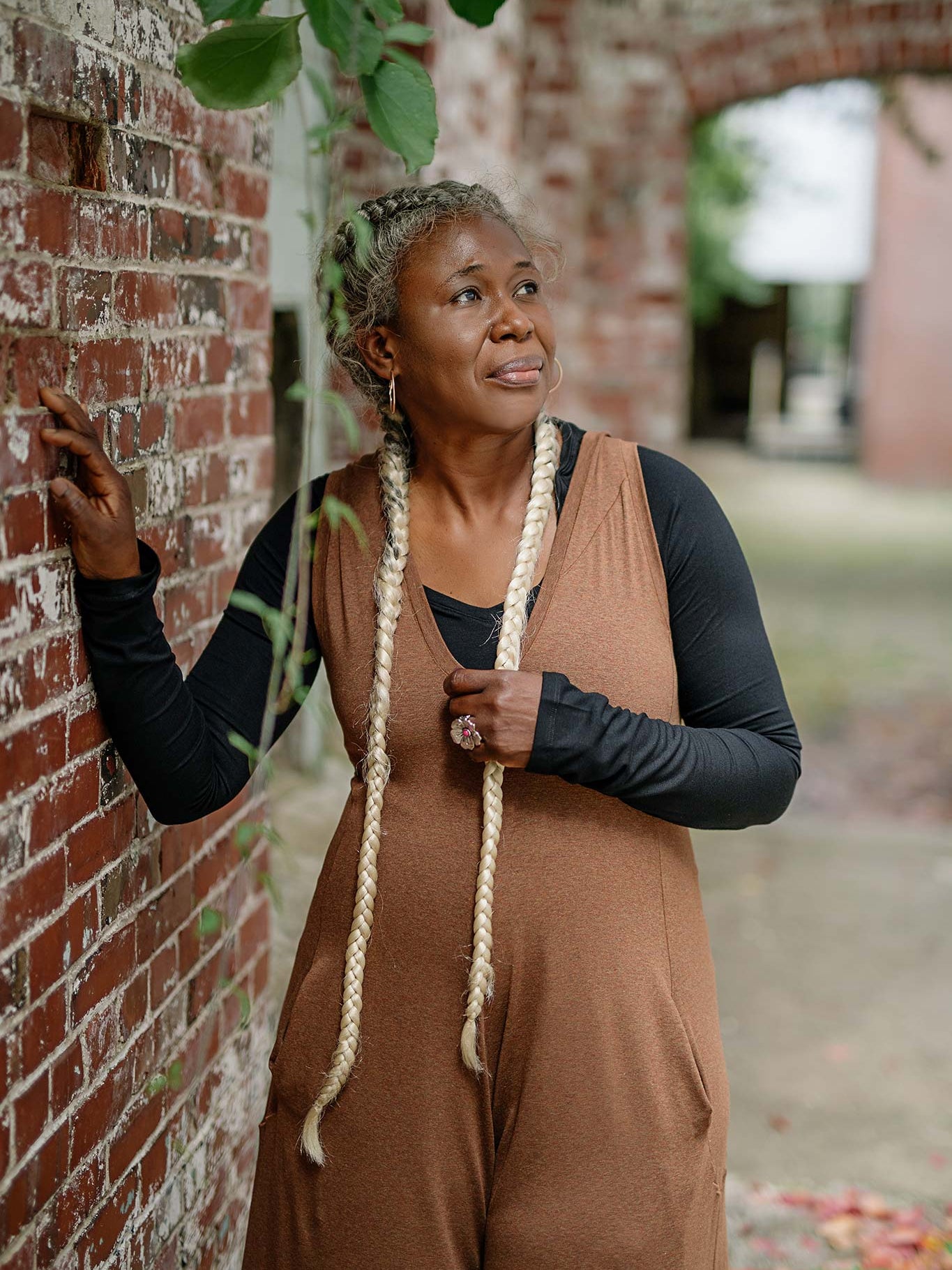 black vneck long sleeve worn under almond heather farmer