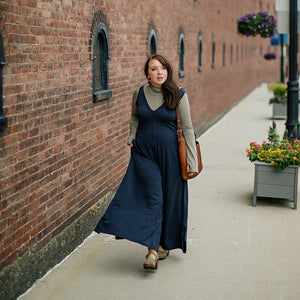farmer jumpsuit in midnight heather + scuba hooded tshirt in sage