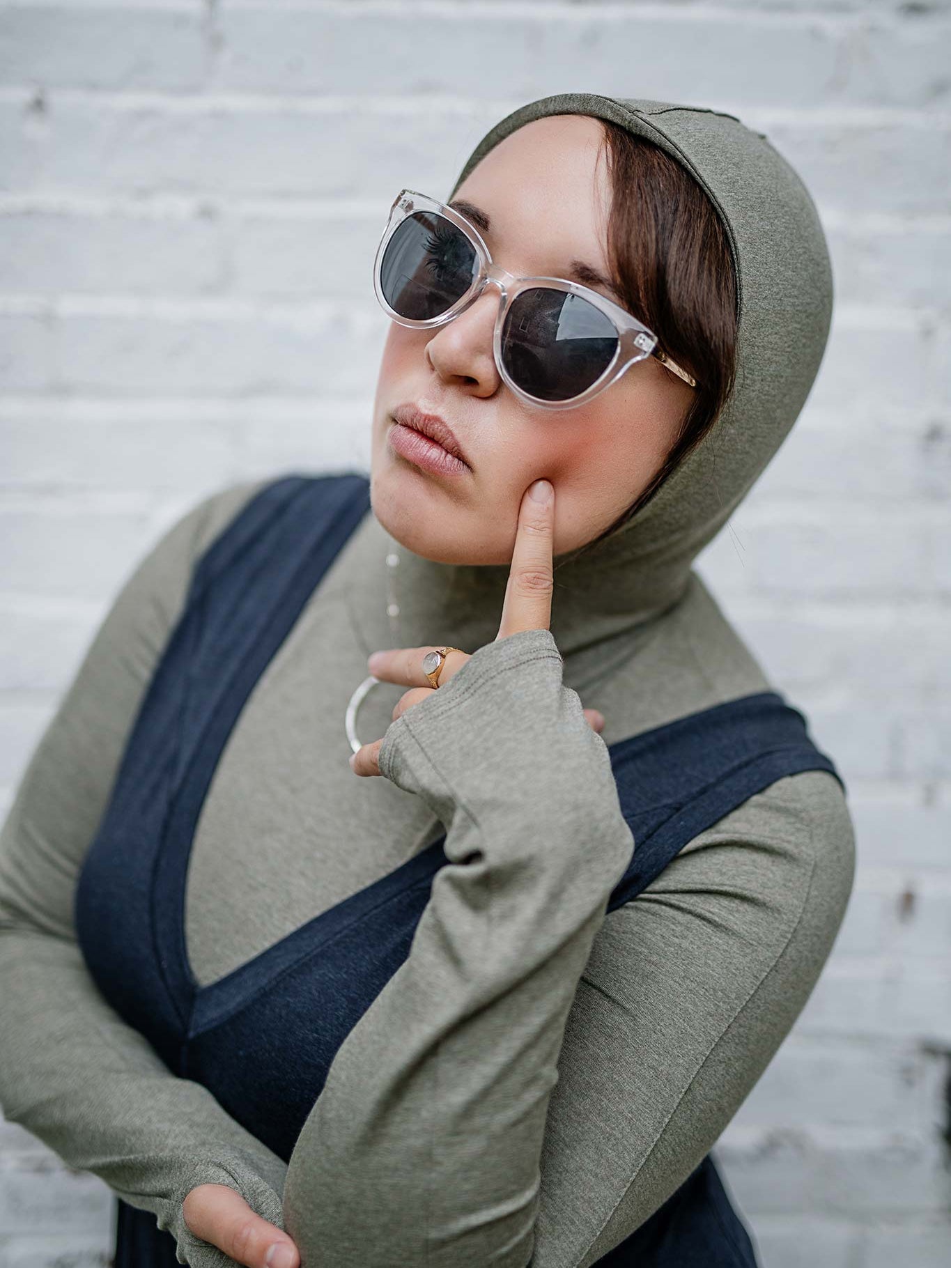 sage scuba hooded tshirt layered under midnight heather farmer