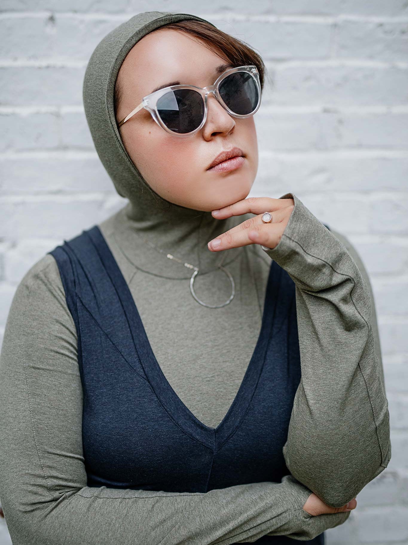 sage scuba hooded tshirt layered under midnight heather farmer