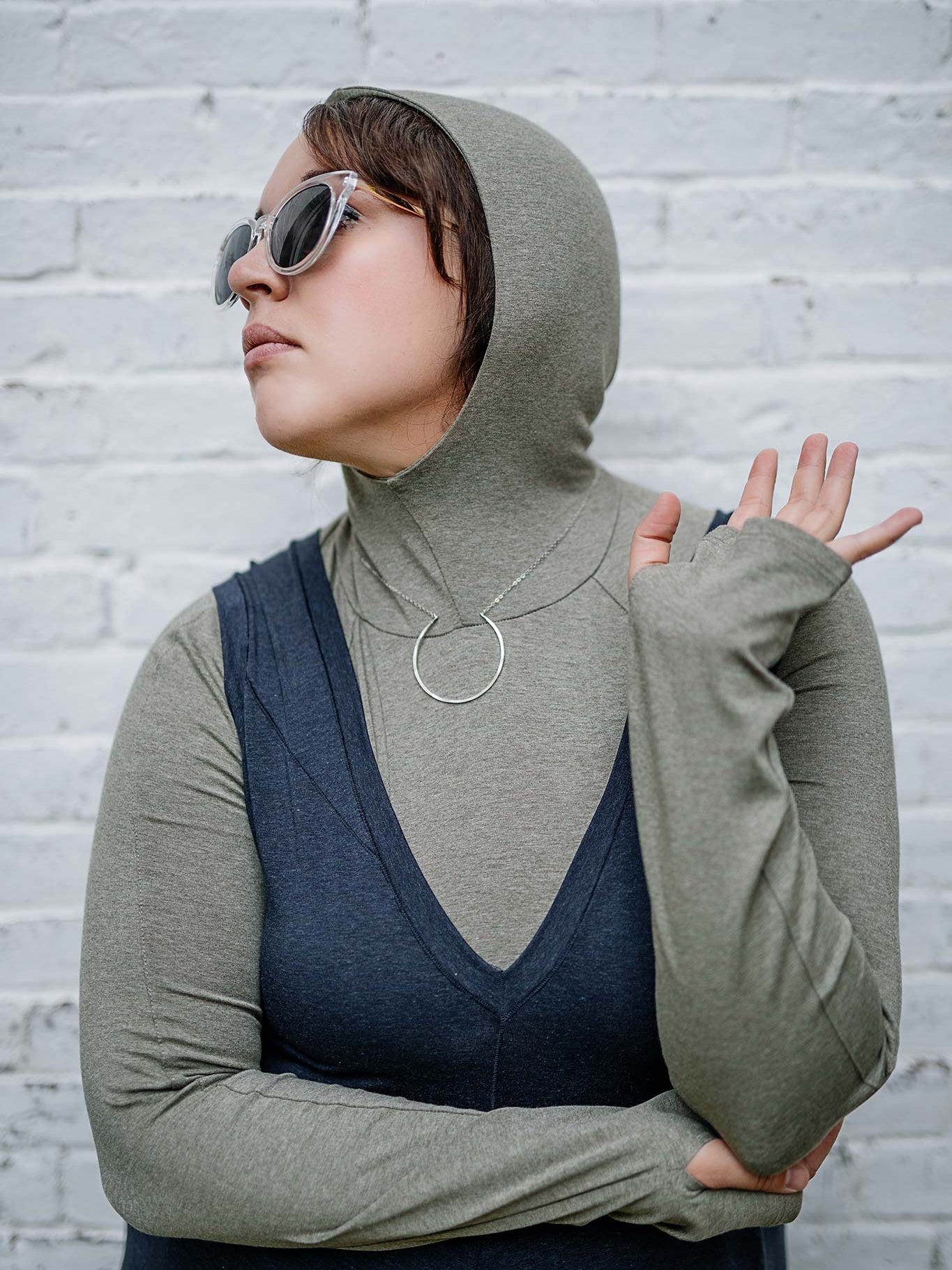 sage scuba hooded tshirt layered under midnight heather farmer