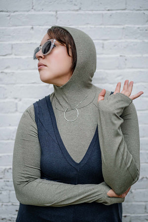 sage scuba hooded tshirt layered under midnight heather farmer