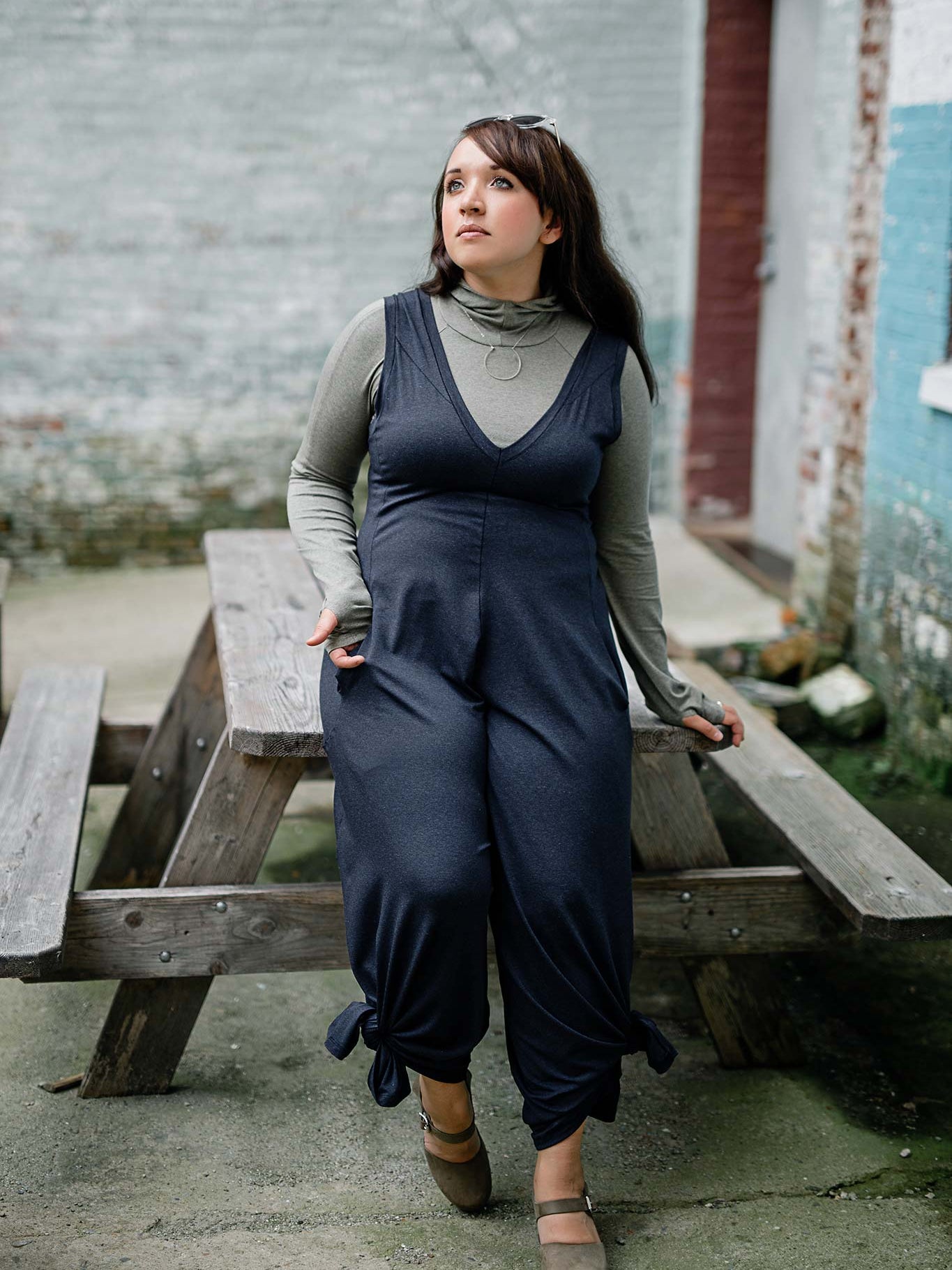 sage scuba hooded tshirt layered under midnight heather farmer