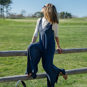 SUGER® farmer jumpsuit in ocean + white rose shirt