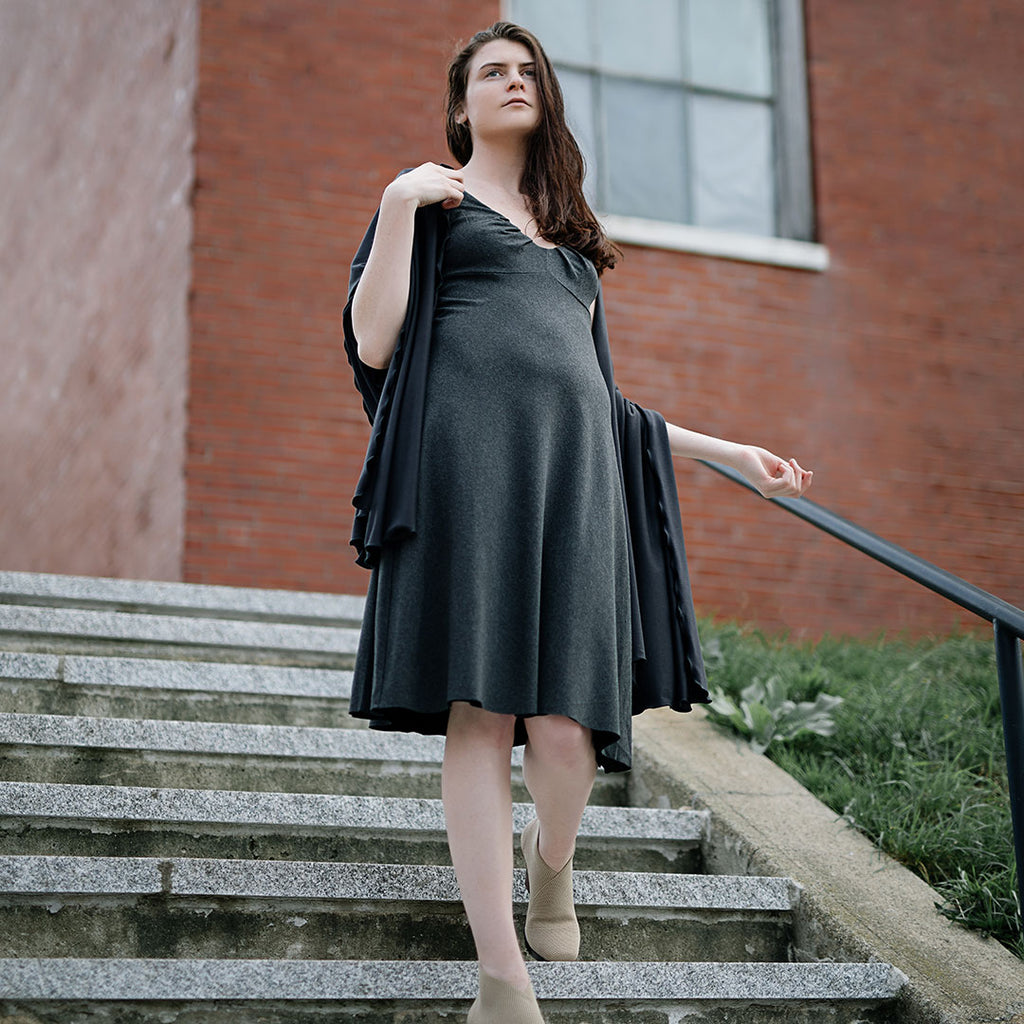 dress it up or dress it down; reversible pushup dress is ready for any occasion in charcoal/black. paired with black shawl