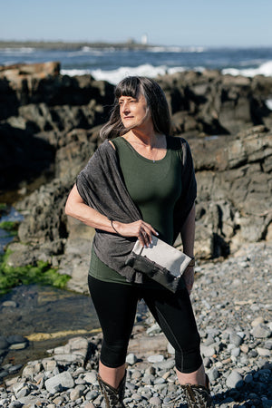 core essential tank in fir styled with mineral shawl + black capri