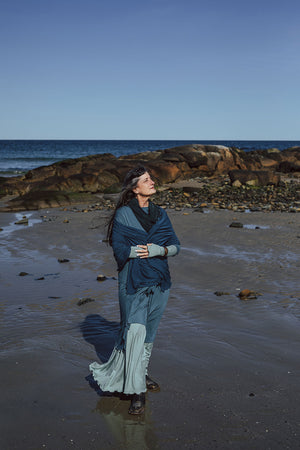 angelrox® shawl airy elegance in navy paired with ocean tide + glass glow gown