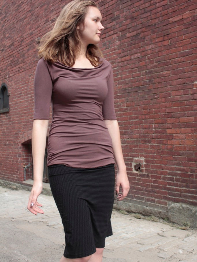 suger root skirt in subtle black stripe with cacao grace top