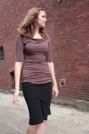 suger root skirt in subtle black stripe with cacao grace top