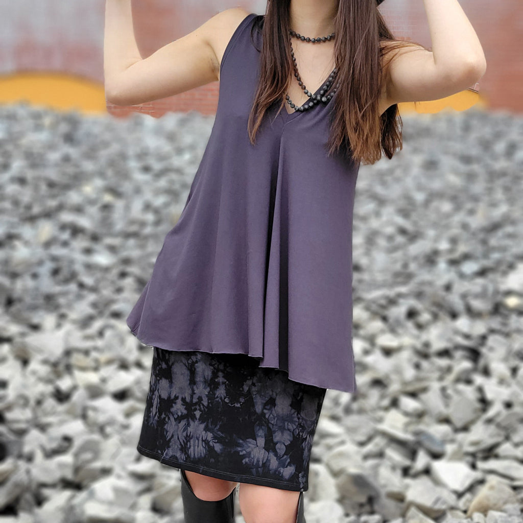 flip skirt in crush styled with carbon daisy top