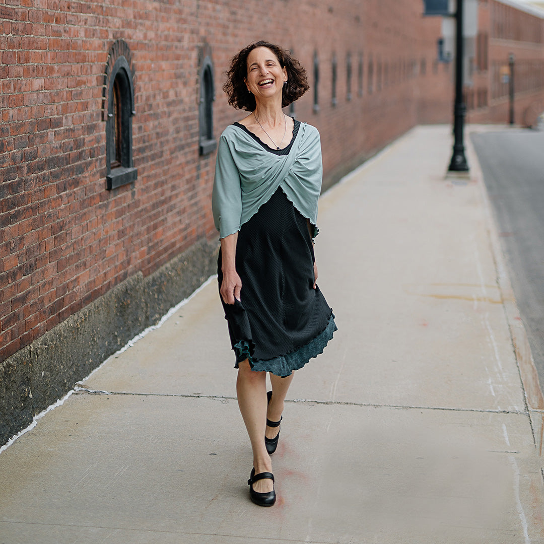 loop infinity scarf in glass styled with subtle black flare + blue mineral flirt
