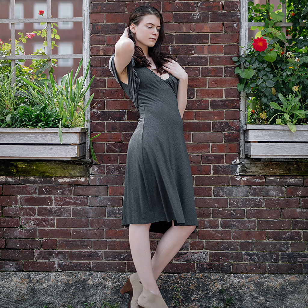 dress it up or dress it down; reversible pushup dress is ready for any occasion in charcoal/black. paired with mineral loop