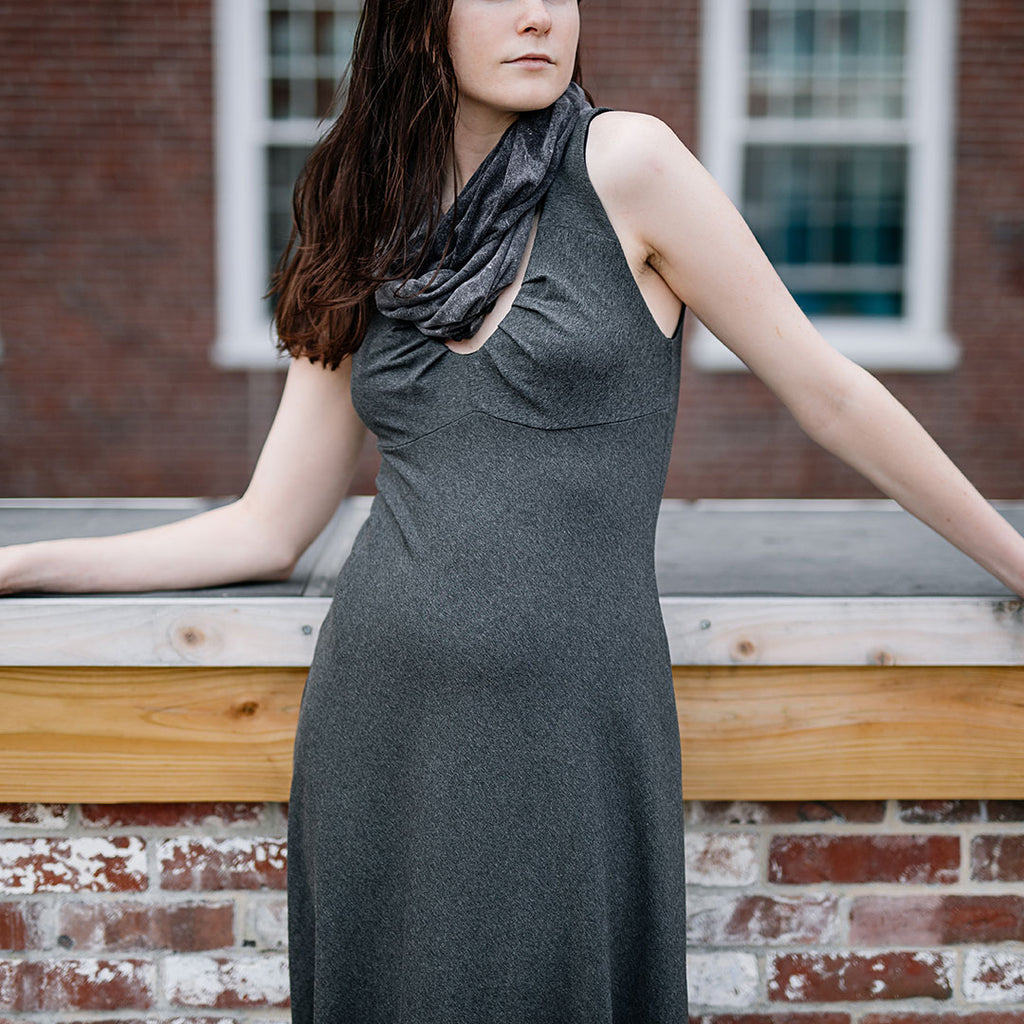 dress it up or dress it down; reversible pushup dress is ready for any occasion in charcoal/black. paired with mineral loop