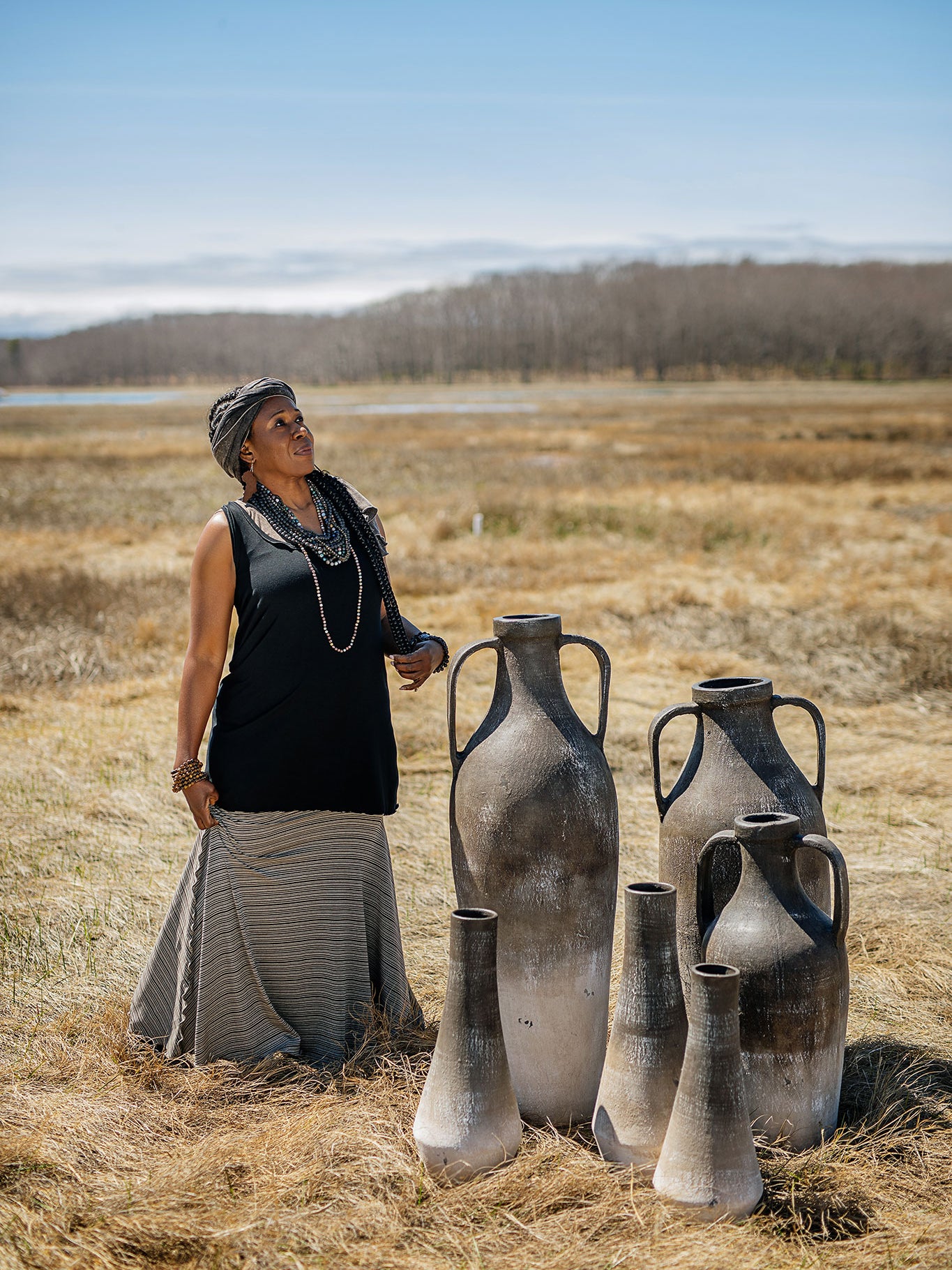 lady flirt in earth stripe styled with black shift + mineral prima