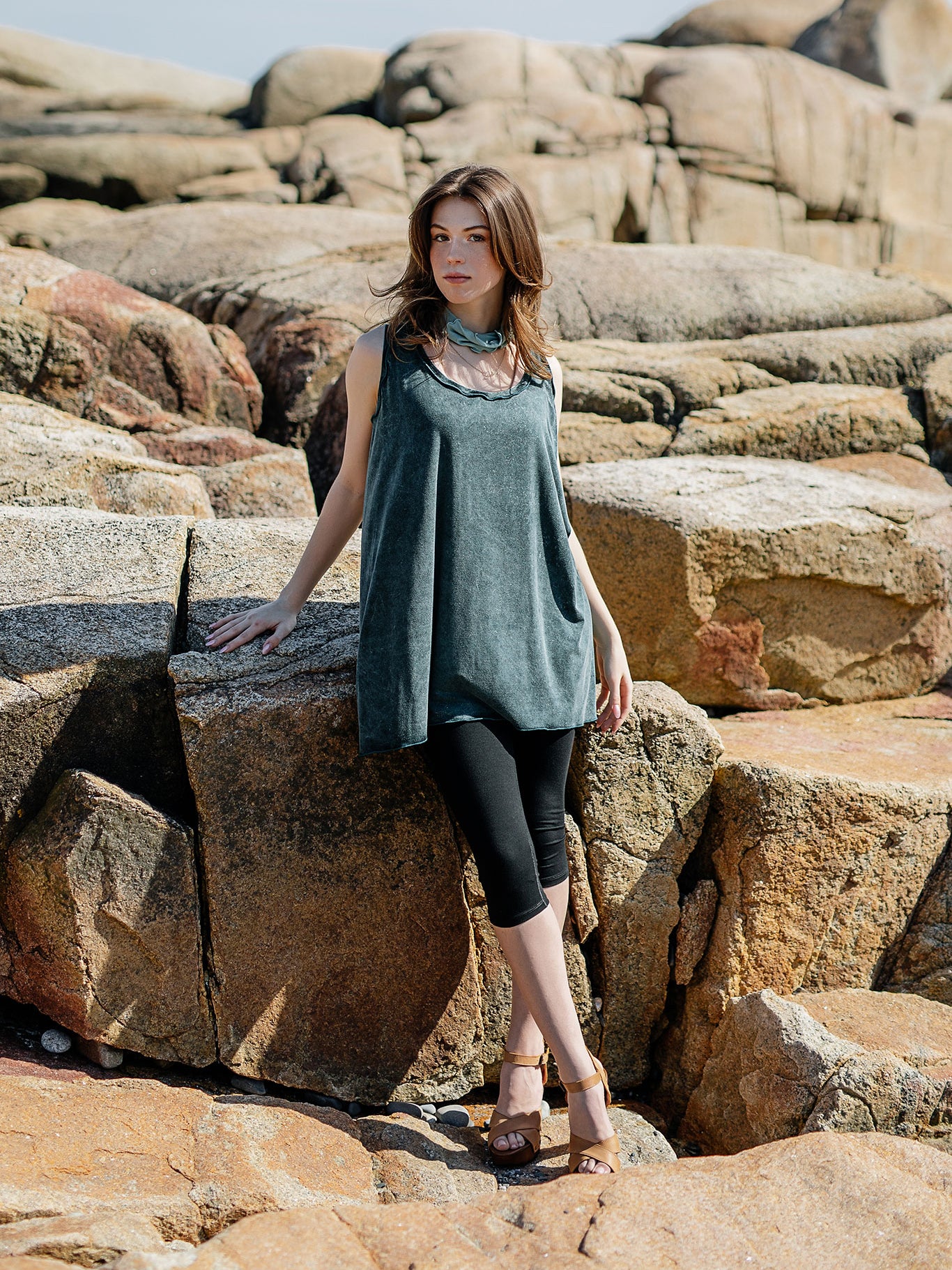 shift tunic tank in blue mineral styled with black capri + ocean band