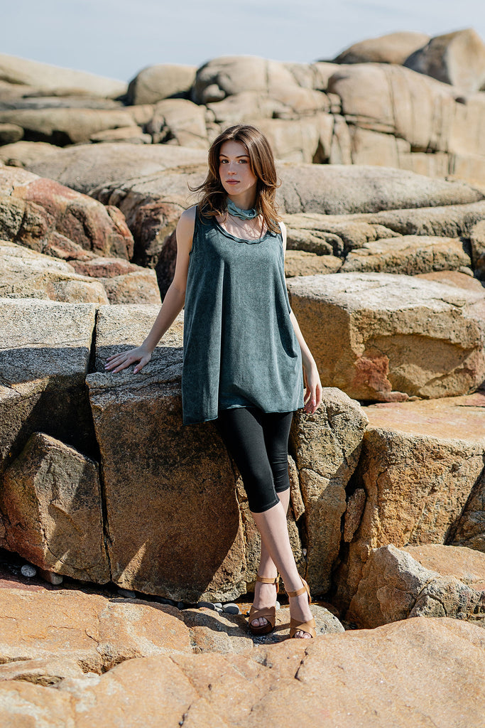 shift tunic tank in blue mineral styled with black capri + ocean band