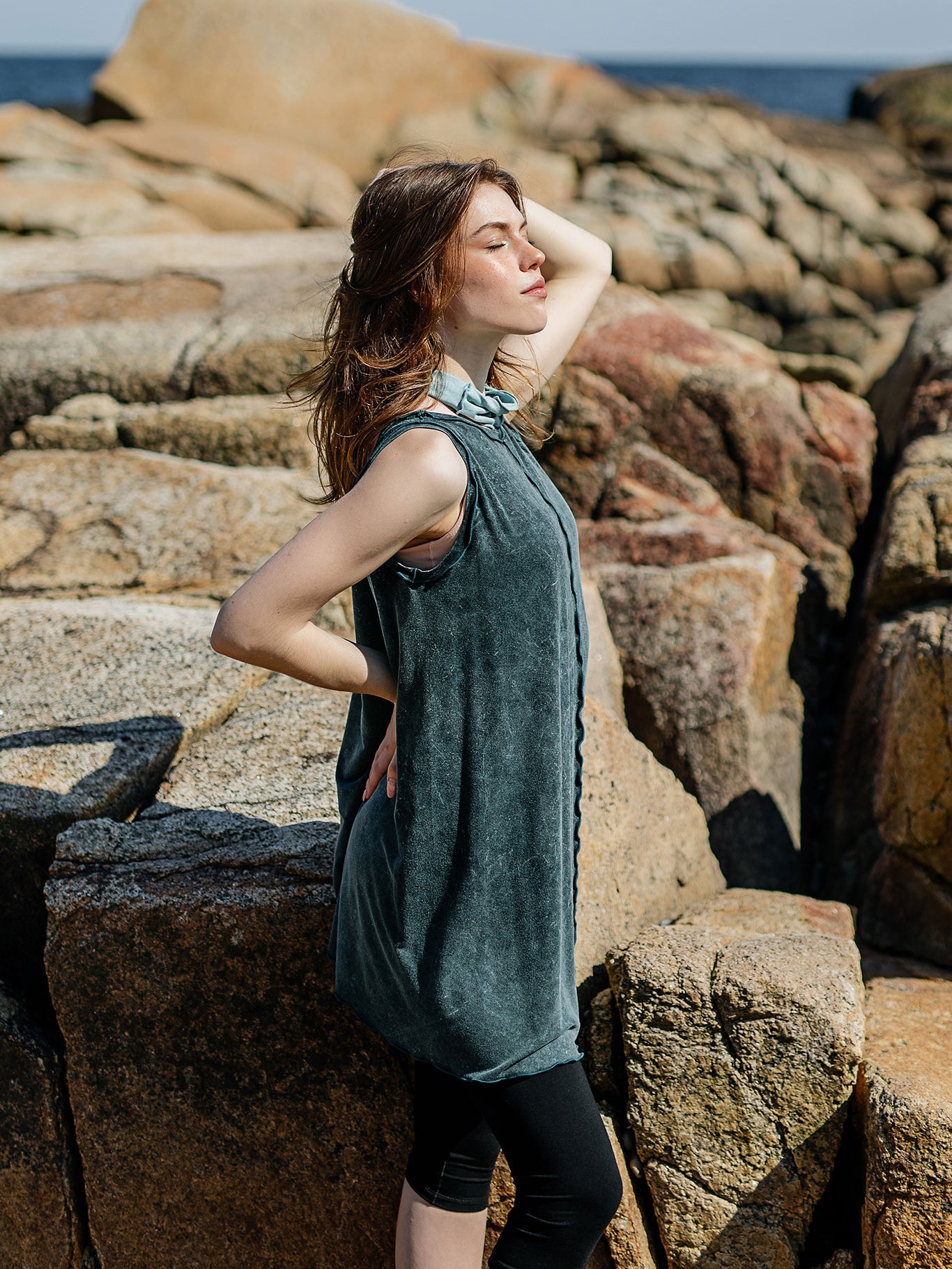 shift tunic tank in blue mineral + black capri
