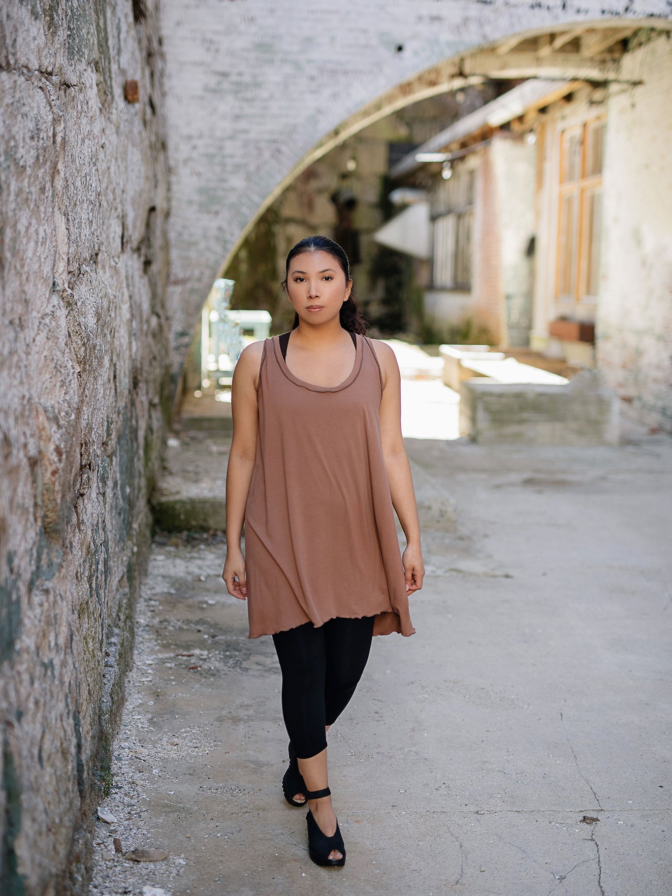 shift tunic in cedar paired with capri base legging in black