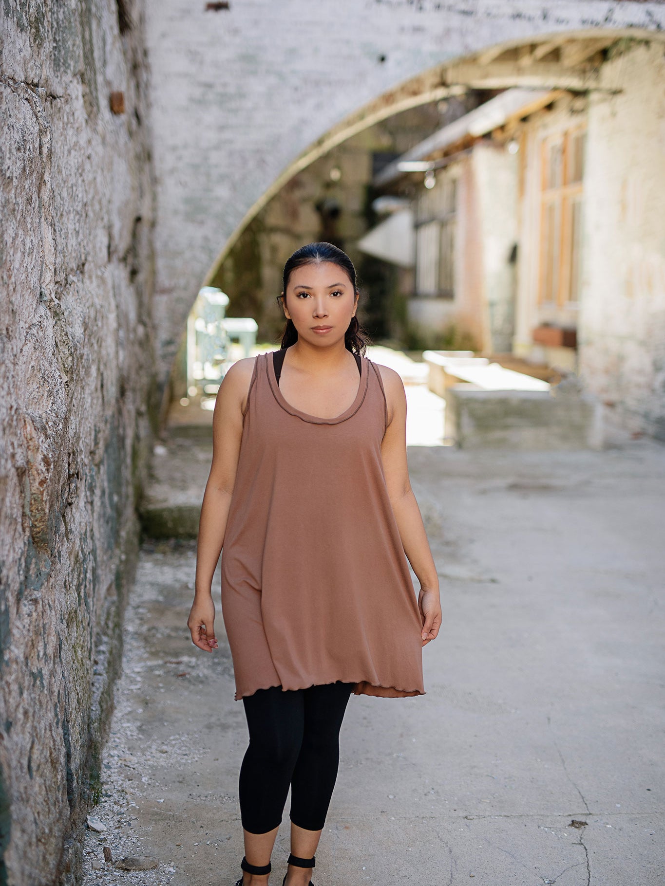 shift tunic in cedar paired with capri base legging in black