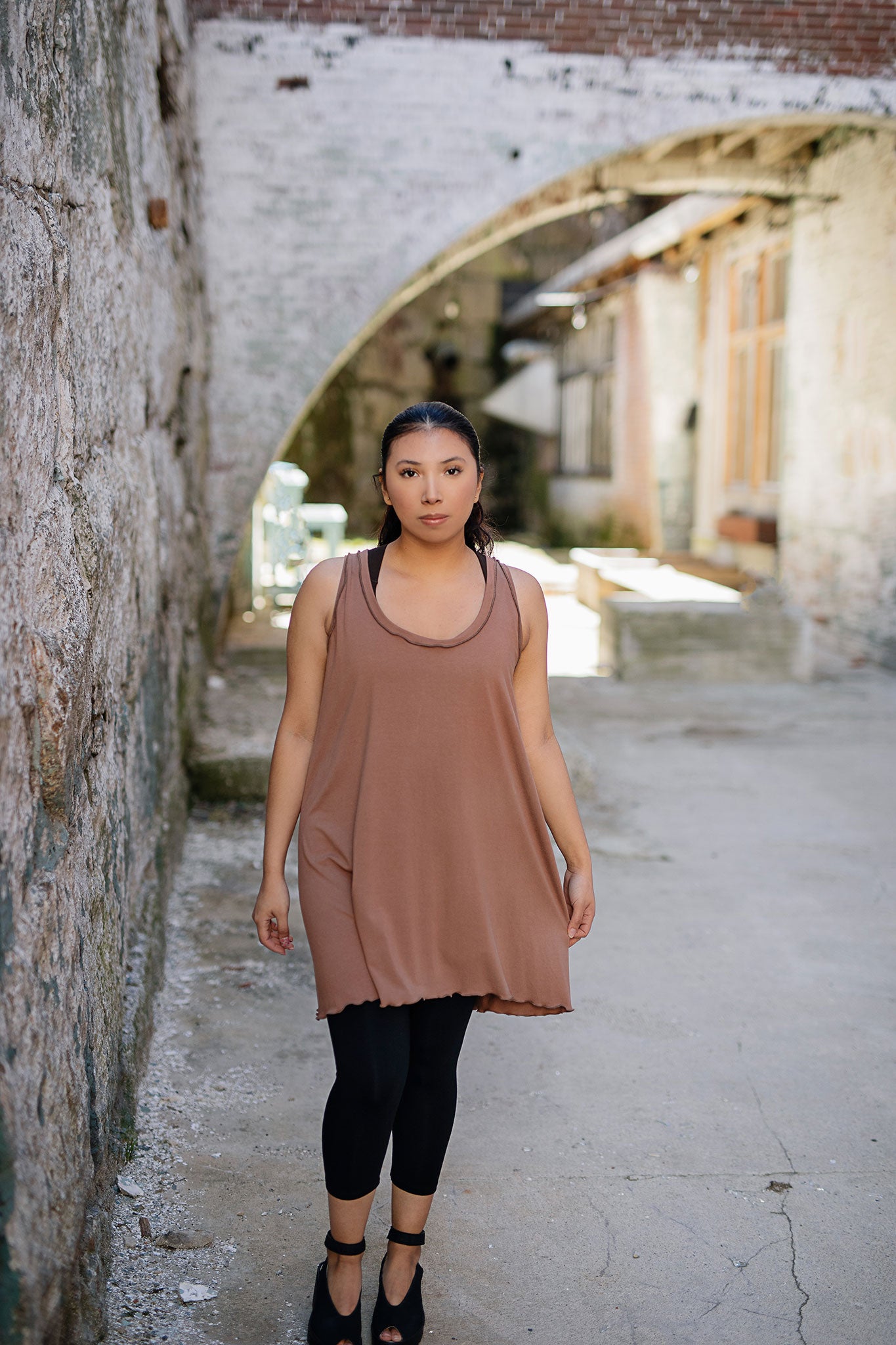 shift tunic in cedar paired with capri base legging in black